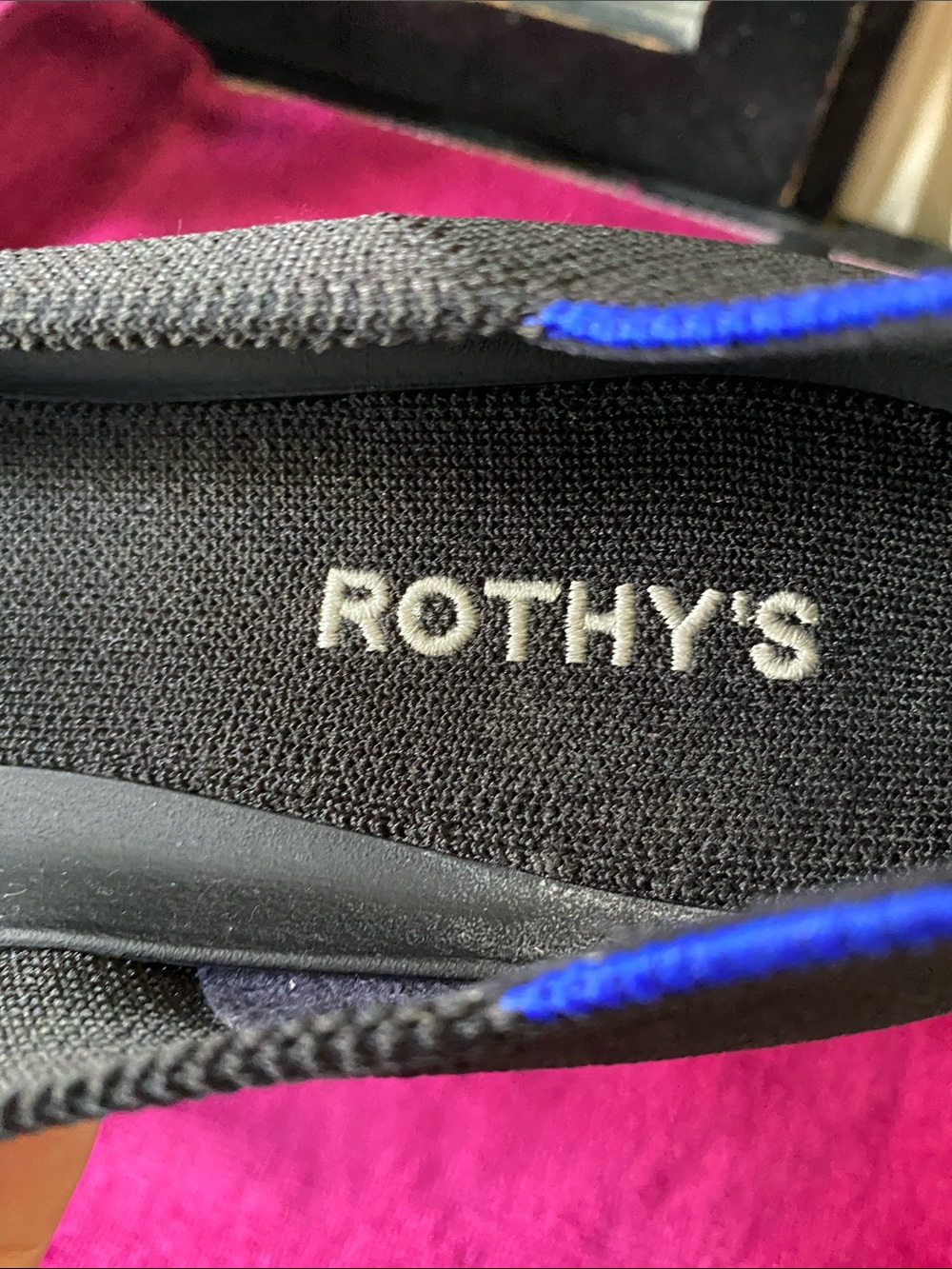 Rothy's Black Pointed Knit Flats with Blue Trim - Picture 3 of 7